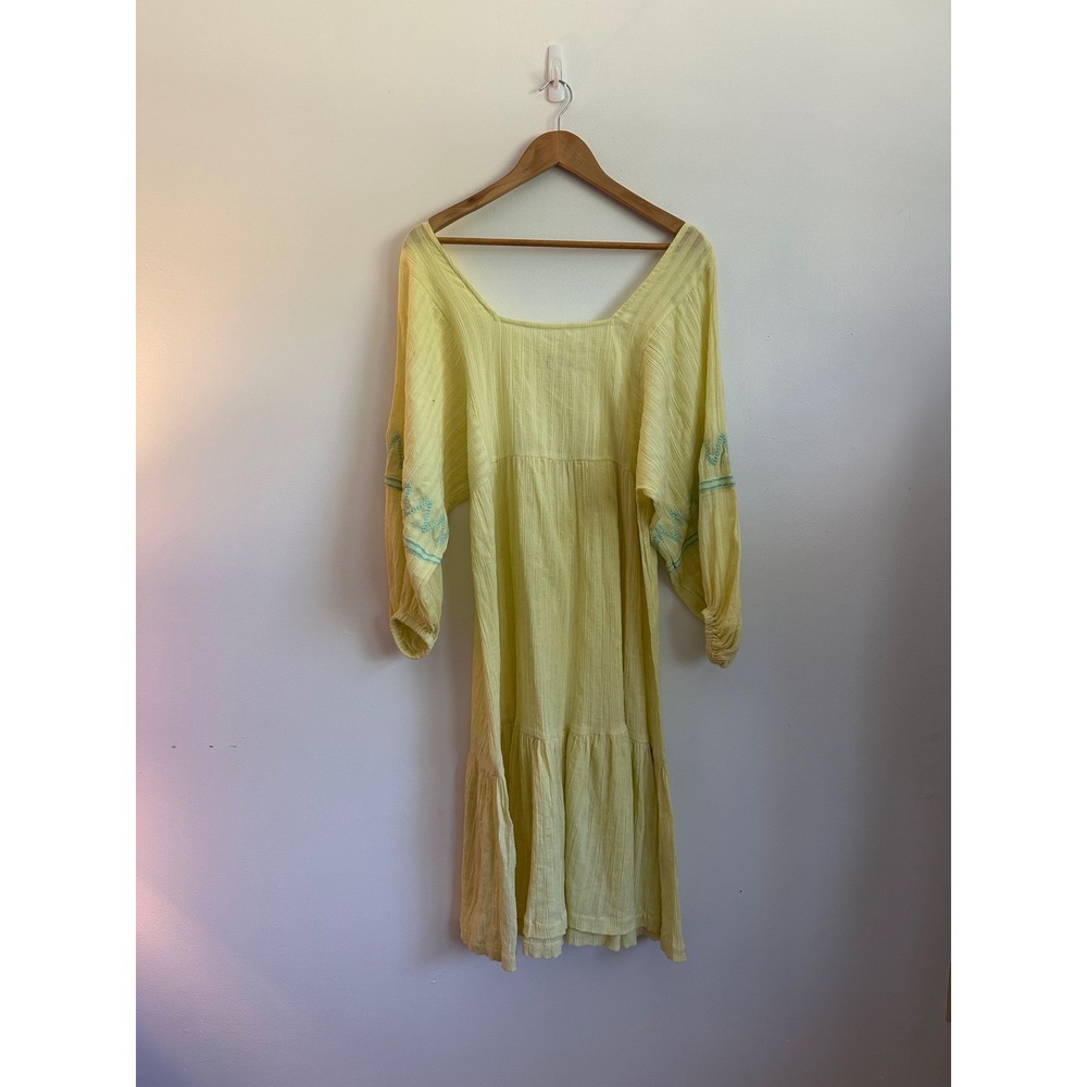 Pitusa Yellow Cotton Gauze Embroidered Tiered Midi Dress | Size Small‎